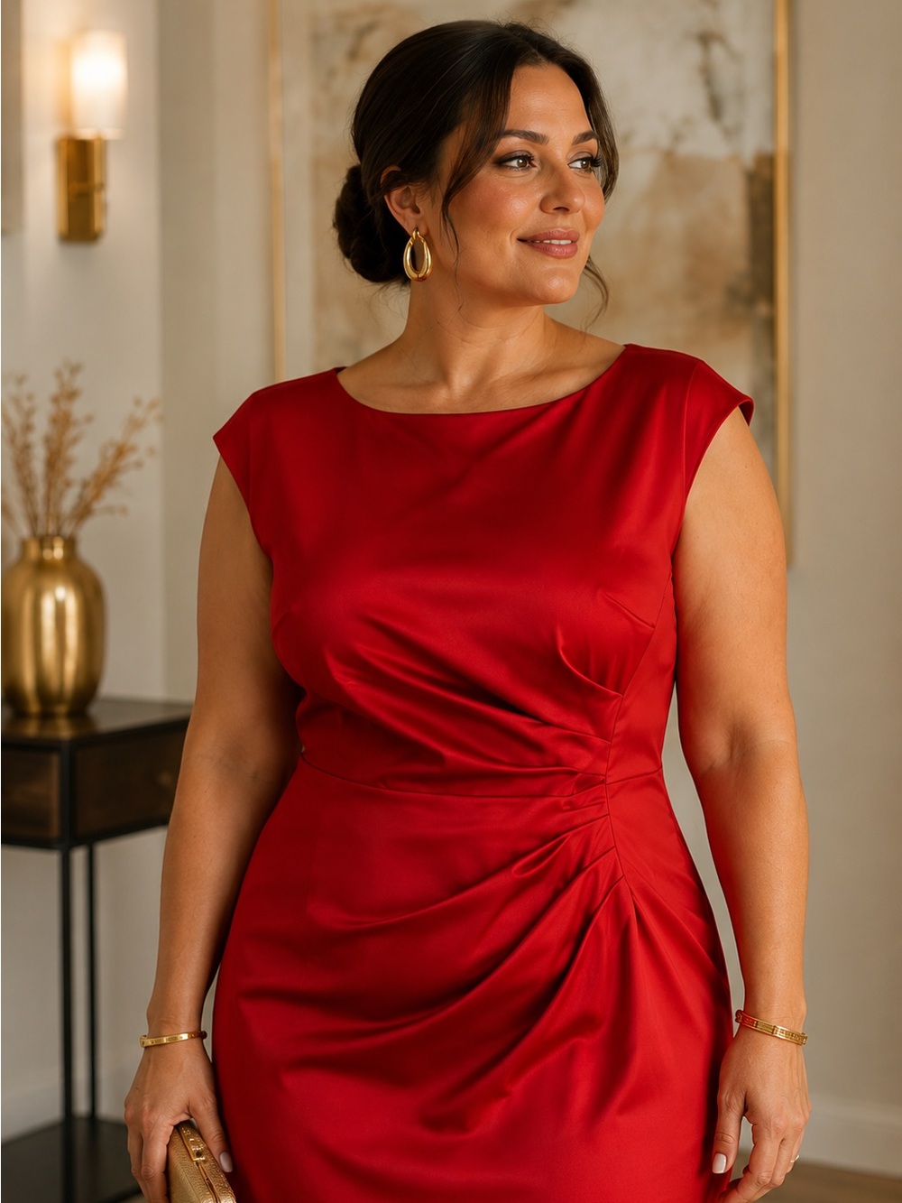 Lauren Ralph Lauren 16 Red Satin Ruched Draped Sheath Dress Elegant Formal Chic